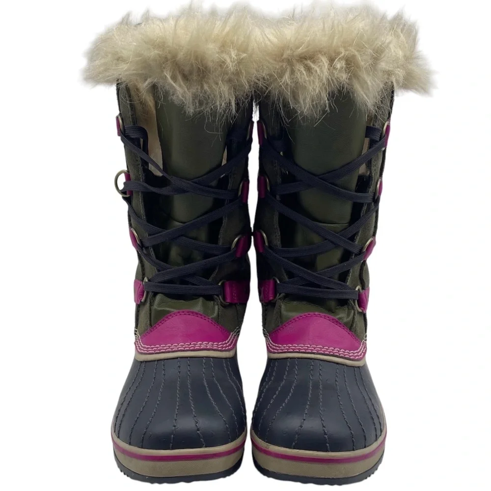 Sorel Girls Winter Boots Size 6 Green Pink Leather Waterproof Faux Fur Tall - Picture 6 of 14
